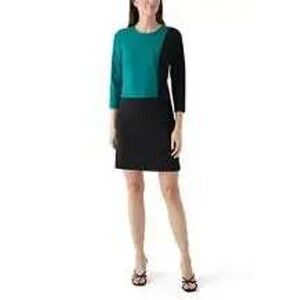 NWT $139 Halston Colorblock Sheath Dress Teal Black 3/4 Sleeve Knee Length SZ 14